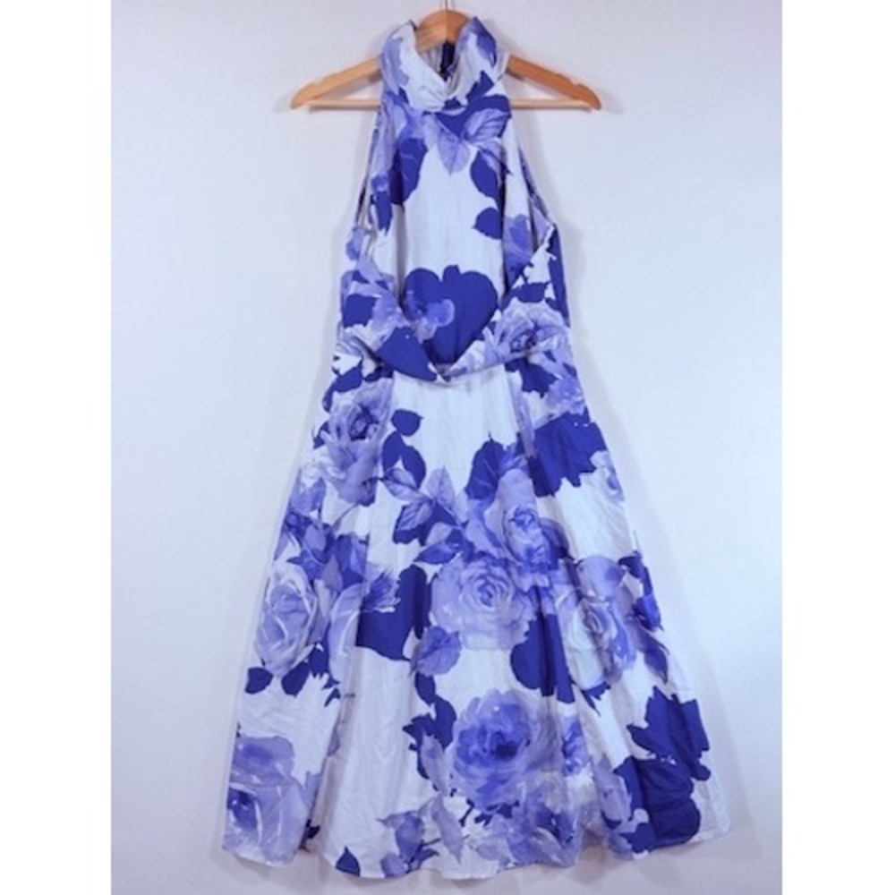 Wayward Fancies Halter Dress Womens Medium 8 Blue White Rose Cottagecore NEW